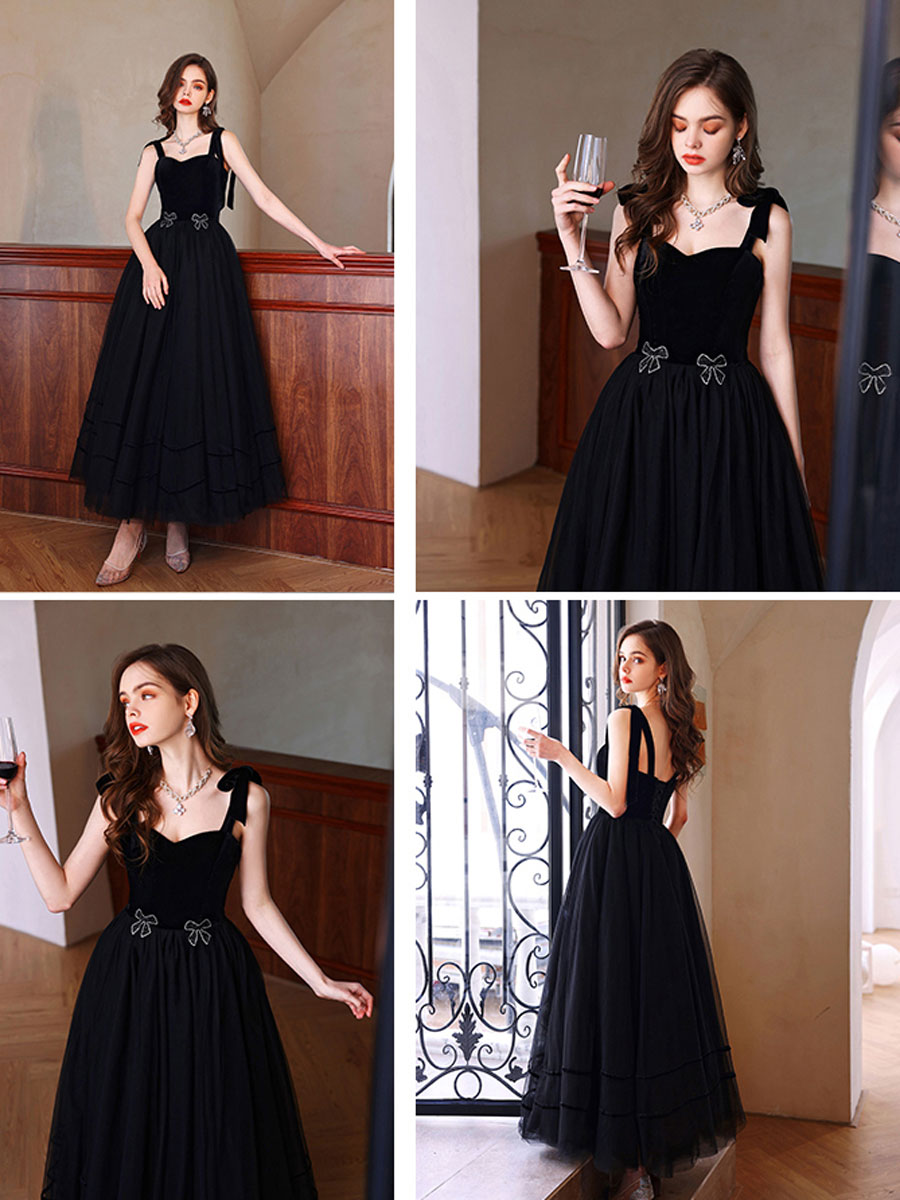 Black sweetheart neck tulle long prom dress, black evening dress