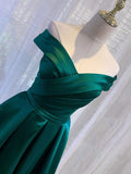 Simple green satin off shoulder long prom dress, green bridesmaid dress