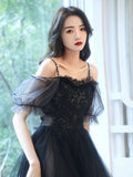 Black tulle high low prom dress , black lace homecoming dress