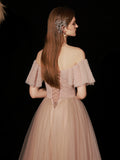 A-Line Sweetheart Neck Tulle Pink Long Prom Dress, Pink Tulle Long Evening Dress