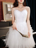 White sweetheart neck tulle lace long prom dress, white formal dress