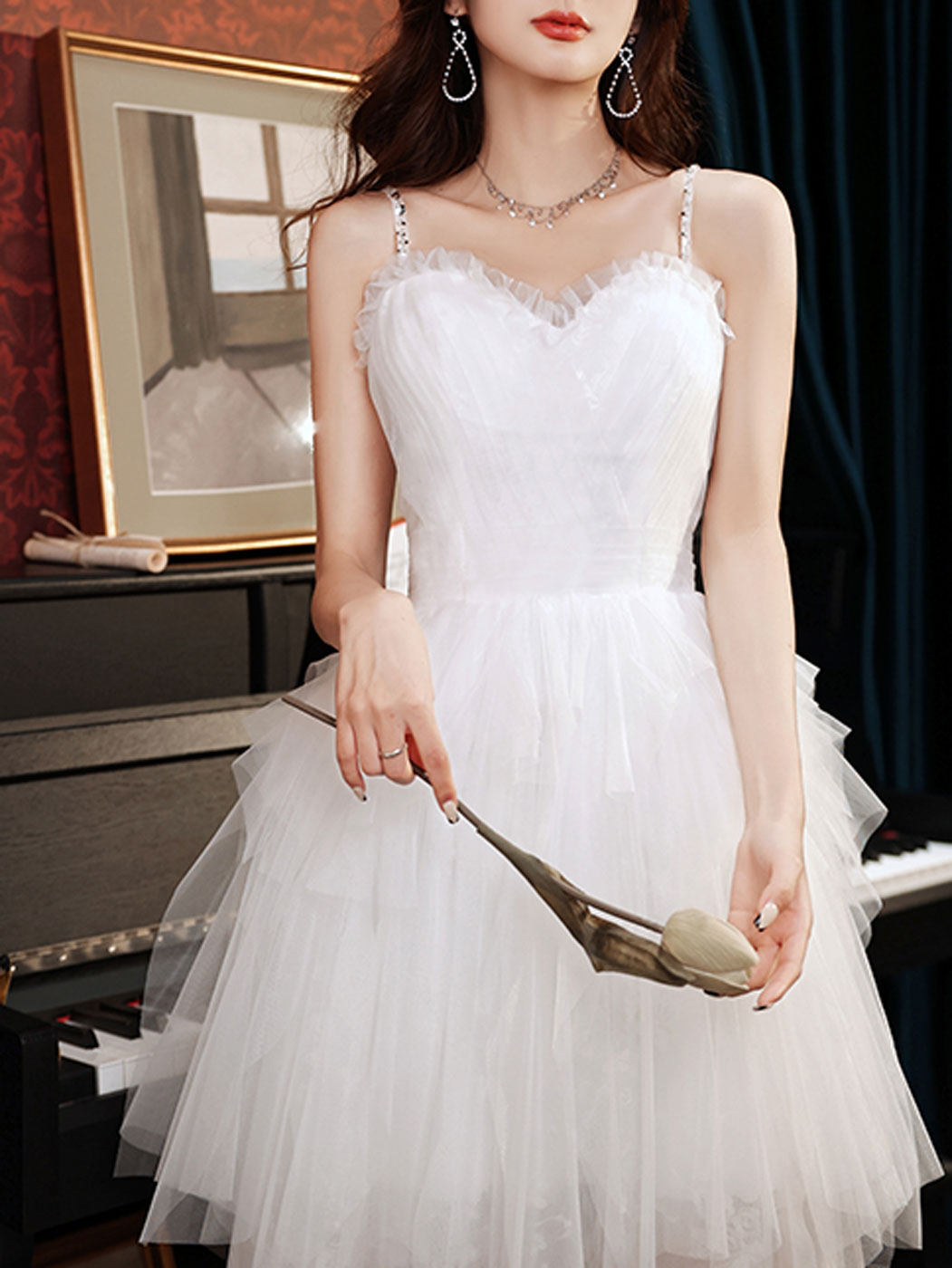 White sweetheart neck tulle lace long prom dress, white formal dress