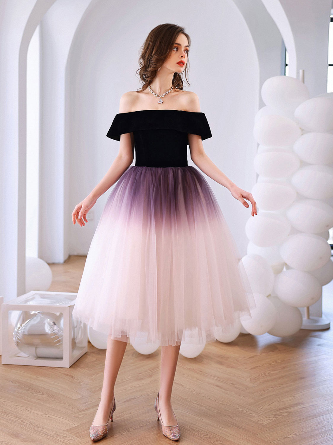 Purple off shoulder tulle short prom dress, tulle homecoming dress