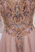 Champagne tulle beads long prom dress champagne evening dress
