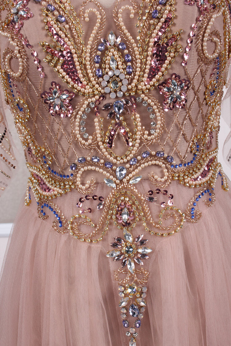 Champagne tulle beads long prom dress champagne evening dress