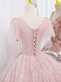 A-Line Tulle Lace Applique Pink Long Prom Dress, Pink Lace Sweet 16 Dress