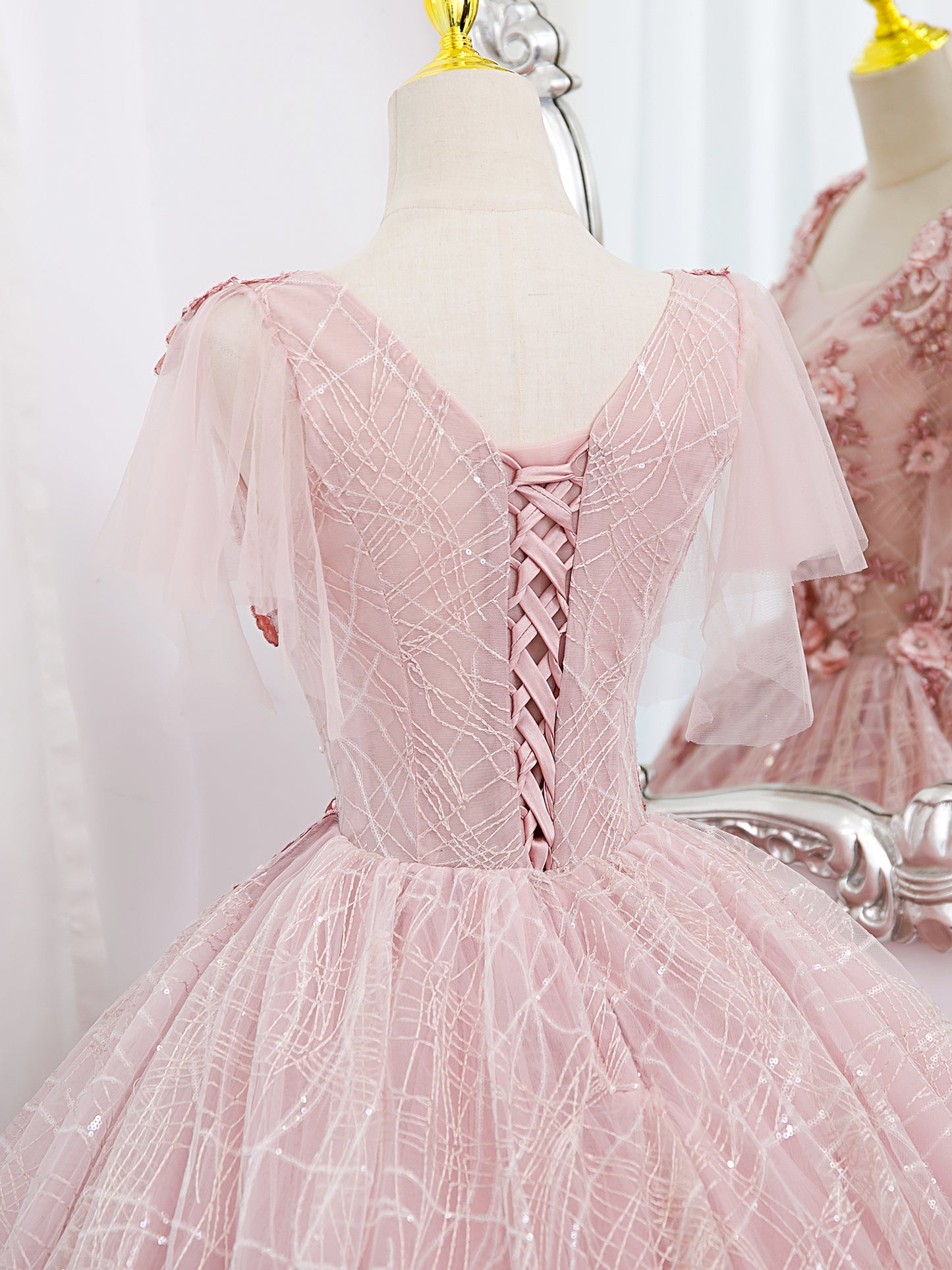 A-Line Tulle Lace Applique Pink Long Prom Dress, Pink Lace Sweet 16 Dress