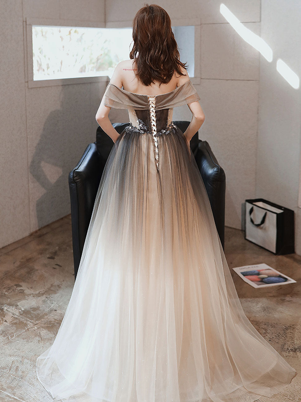 Brown Long Prom Dresses, A line Off Shoulder Brown Formal Graduation Dresses