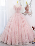 A-Line Tulle Lace Applique Pink Long Prom Dress, Pink Lace Sweet 16 Dress