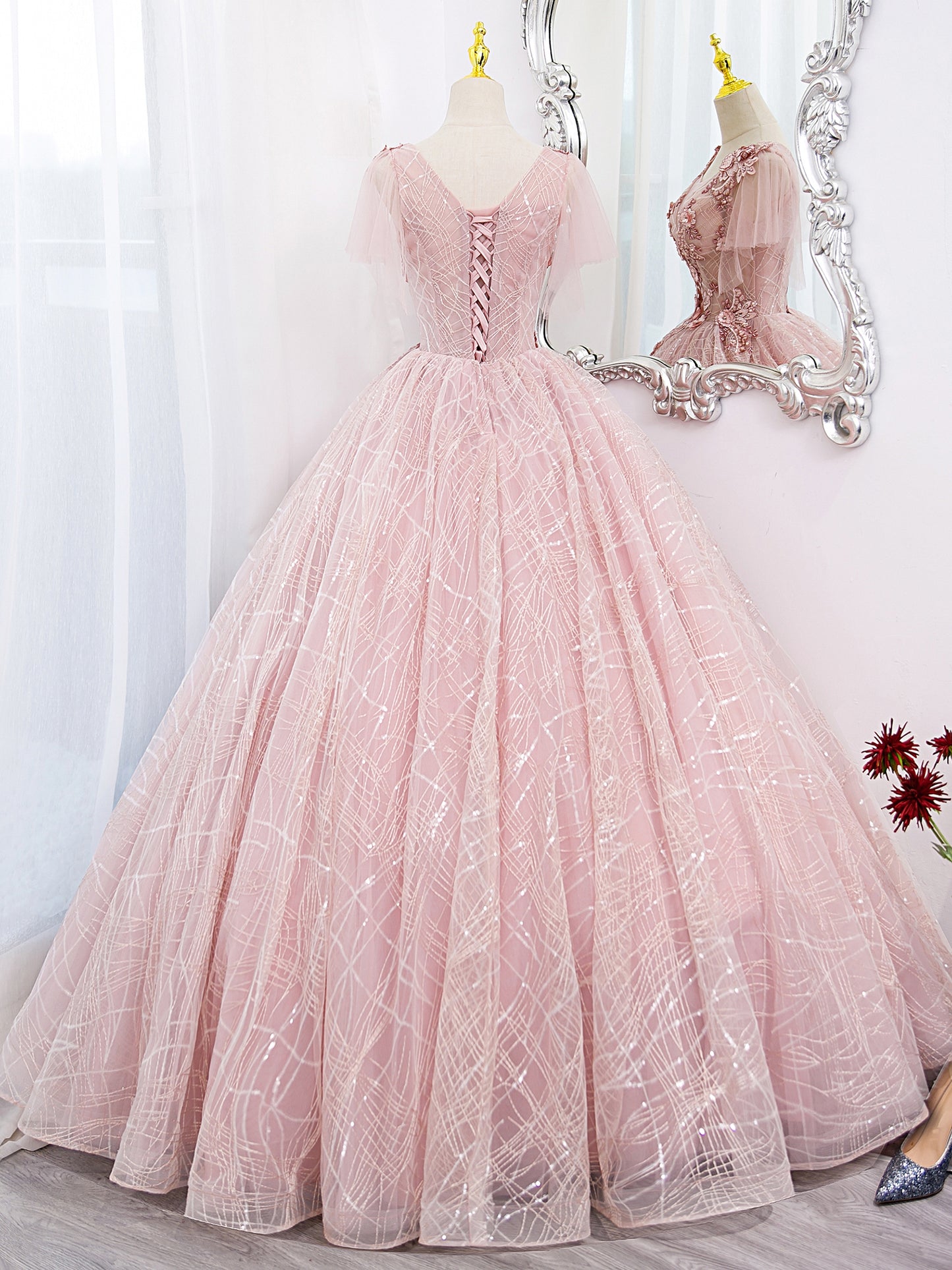 A-Line Tulle Lace Applique Pink Long Prom Dress, Pink Lace Sweet 16 Dress