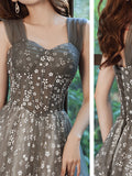 Gray A line tulle beads long prom dress gray tulle formal party dress