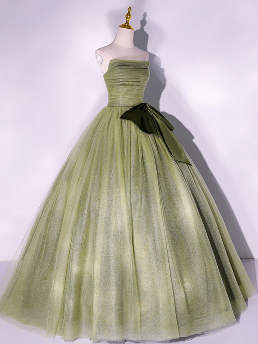 Green A Line Tulle Long Prom Dresses, Green Formal Evening Dress