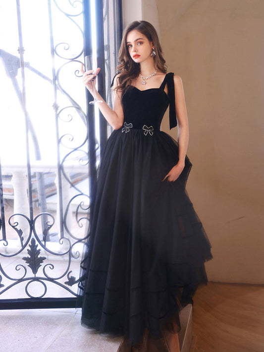 Black sweetheart neck tulle long prom dress, black evening dress