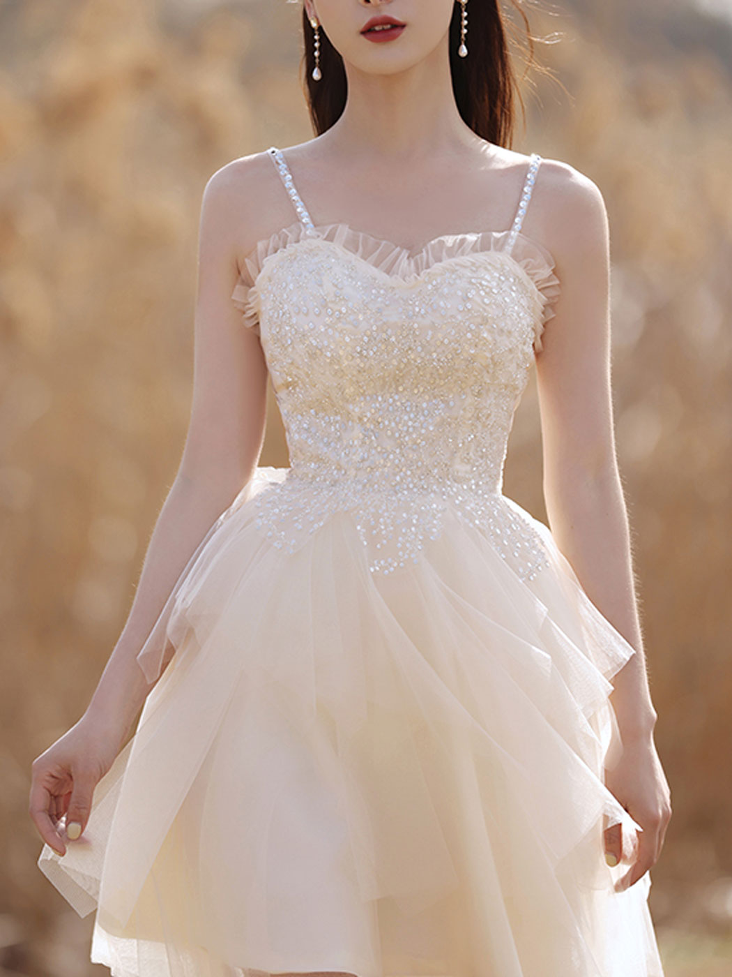 Beige sweetheart neck tulle lace short prom dress beige cocktail dress