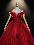 Burgundy off shoulder tulle lace long prom dress burgundy sweet 16 dress