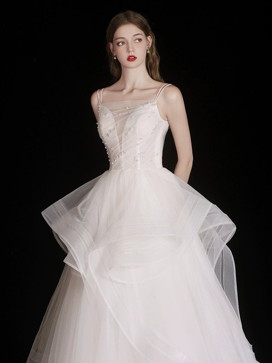 White Tulle Beads Long Prom Dress, White Tulle Long Formal Dresses