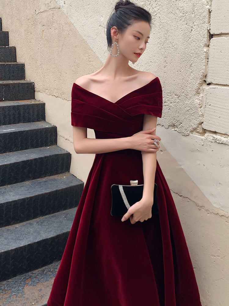A-Line Burgundy off Shoulder Tea Length Prom Dress, Burgundy Formal Dress