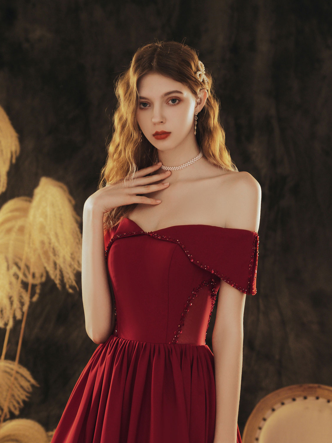 A-Line Off Shoulder Satin Burgundy Long Prom Dress