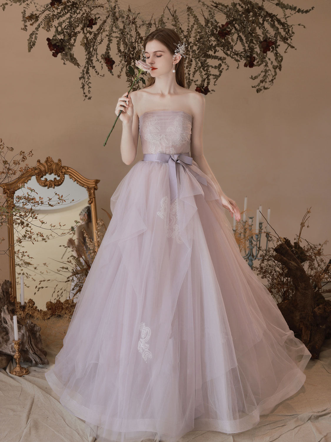 Light  Purple Tulle Lace Long Prom Dresses, Purple Lace Formal Dress