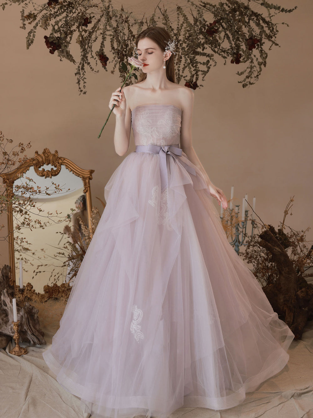 Light  Purple Tulle Lace Long Prom Dresses, Purple Lace Formal Dress