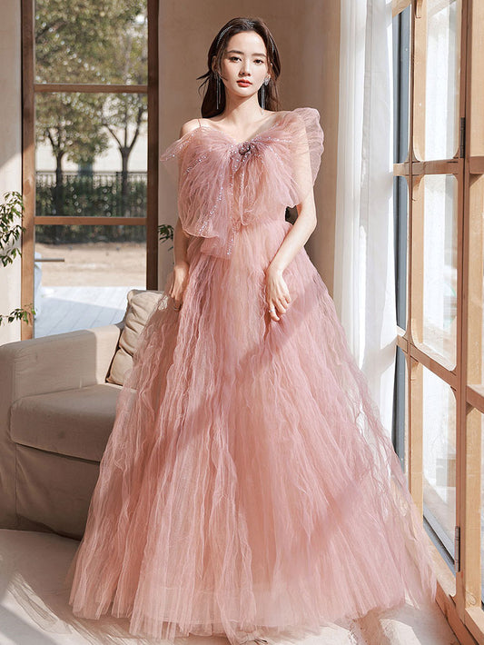 Pink A line tulle long prom dress pink formal evening dress