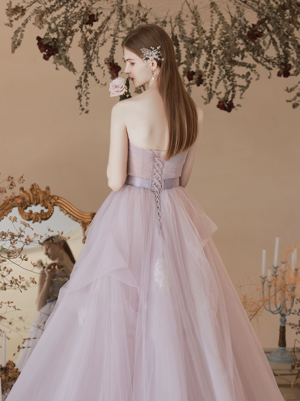 Light  Purple Tulle Lace Long Prom Dresses, Purple Lace Formal Dress