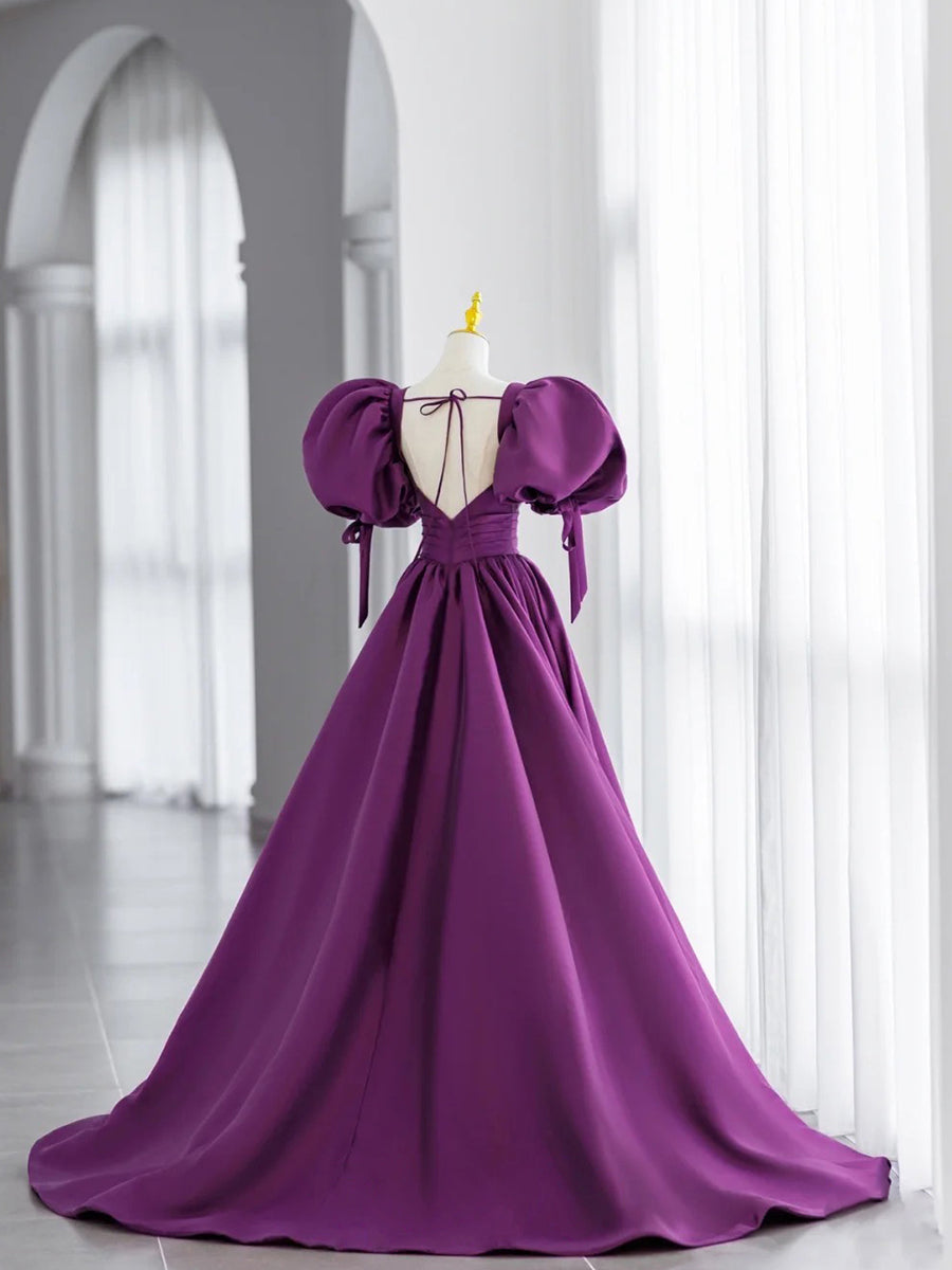 Purple V  Neck Satin Long Prom Dresses