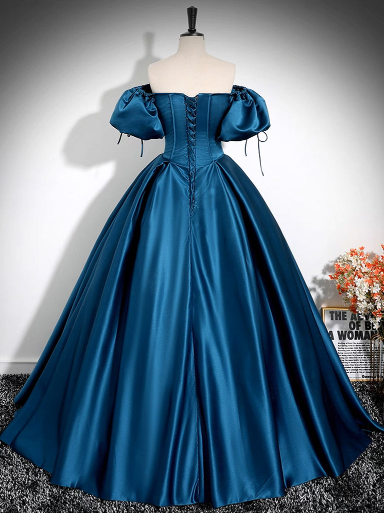 A-Line Puff Sleeves Satin Peacock Blue Long Prom Dress, Peacock Blue Long Formal Dress