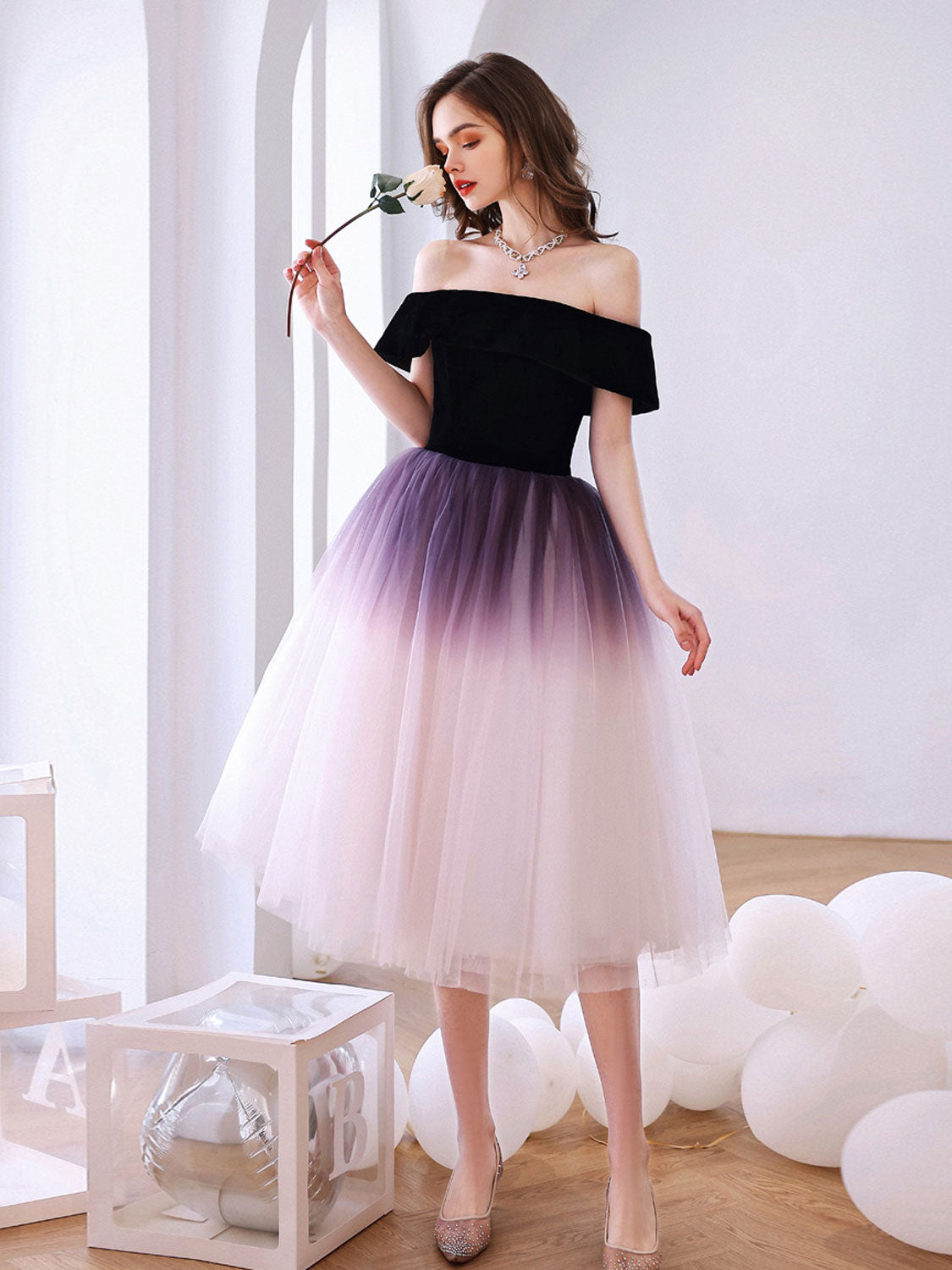 Purple off shoulder tulle short prom dress, tulle homecoming dress