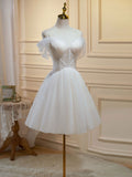 A line off shoulder mini beige prom dress short beige homecoming dress