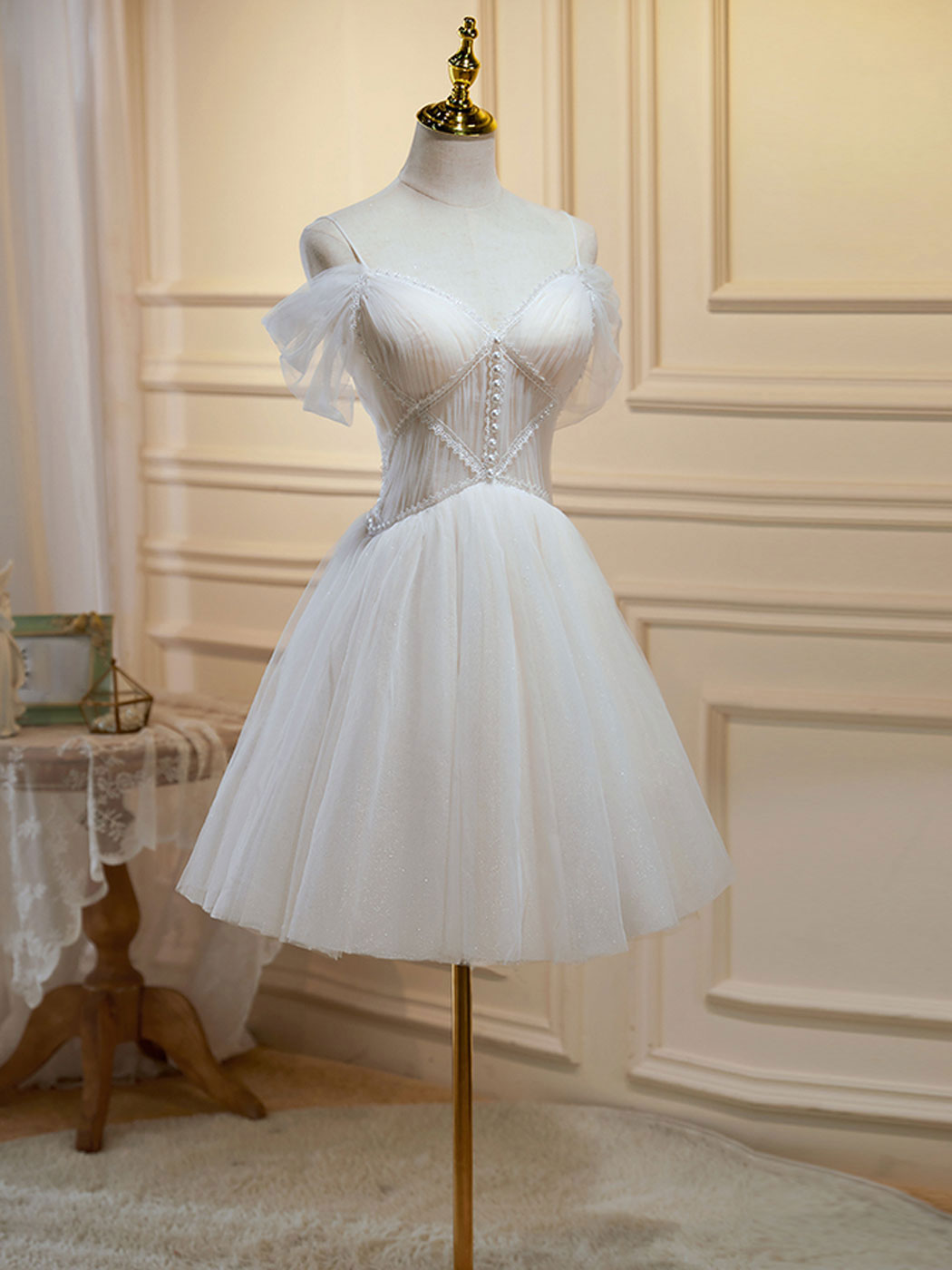 A line off shoulder mini beige prom dress short beige homecoming dress