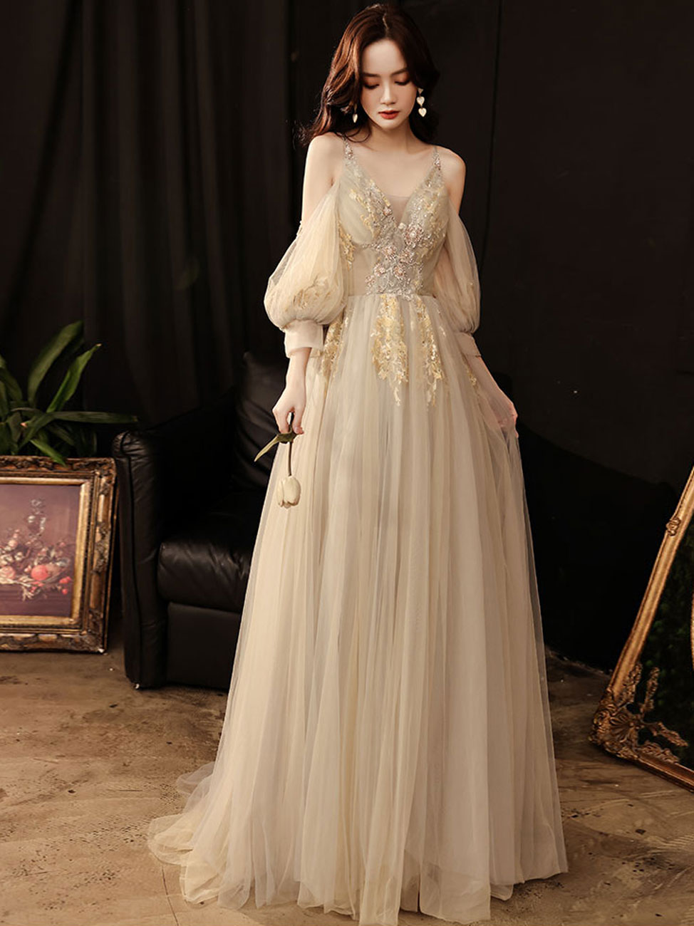 Champagne A line Tulle Lace Long Prom Dress, Lace Formal Graduation Dress