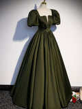 Green satin A line long prom dress, green formal party dress