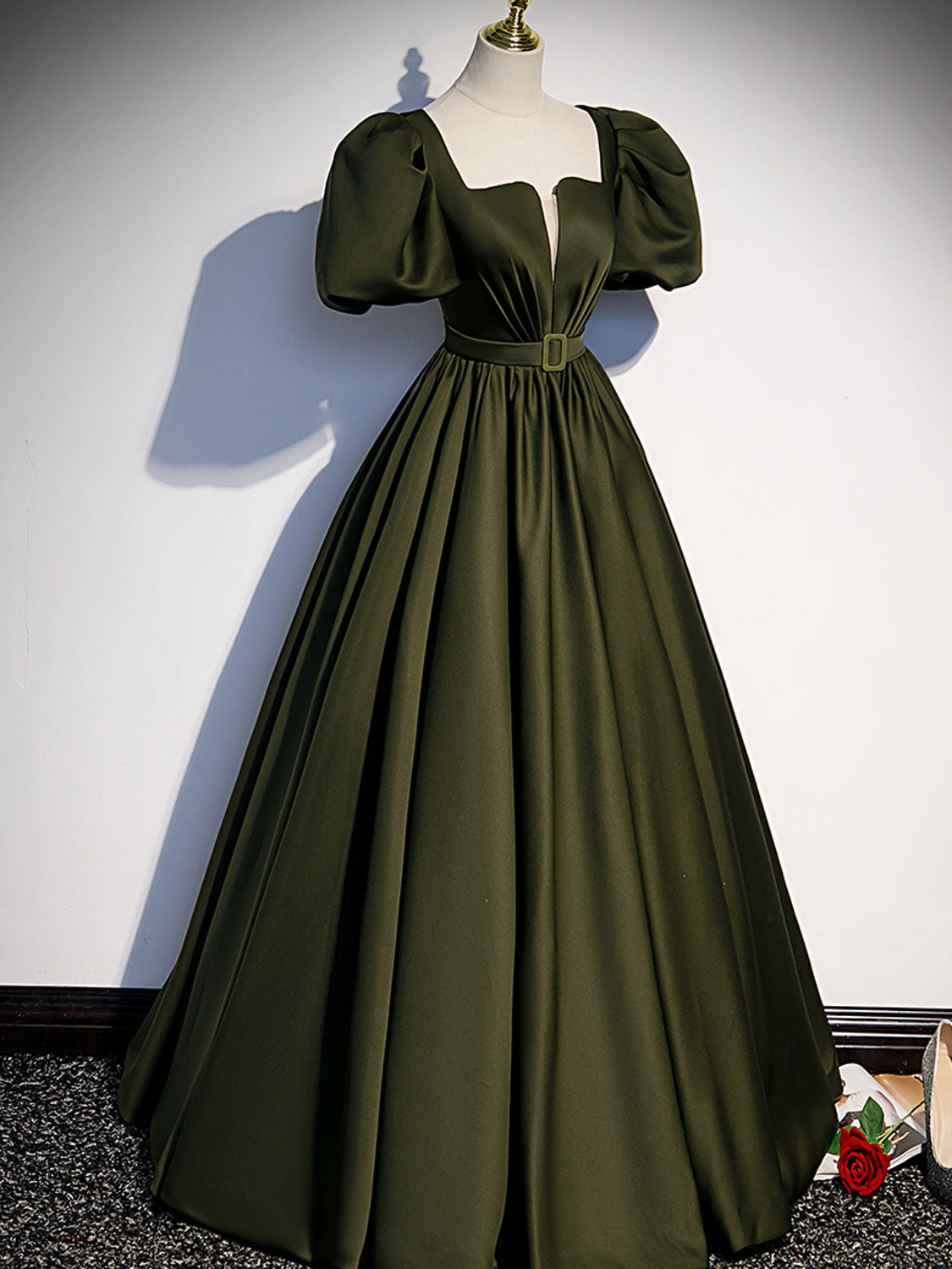 Green satin A line long prom dress, green formal party dress
