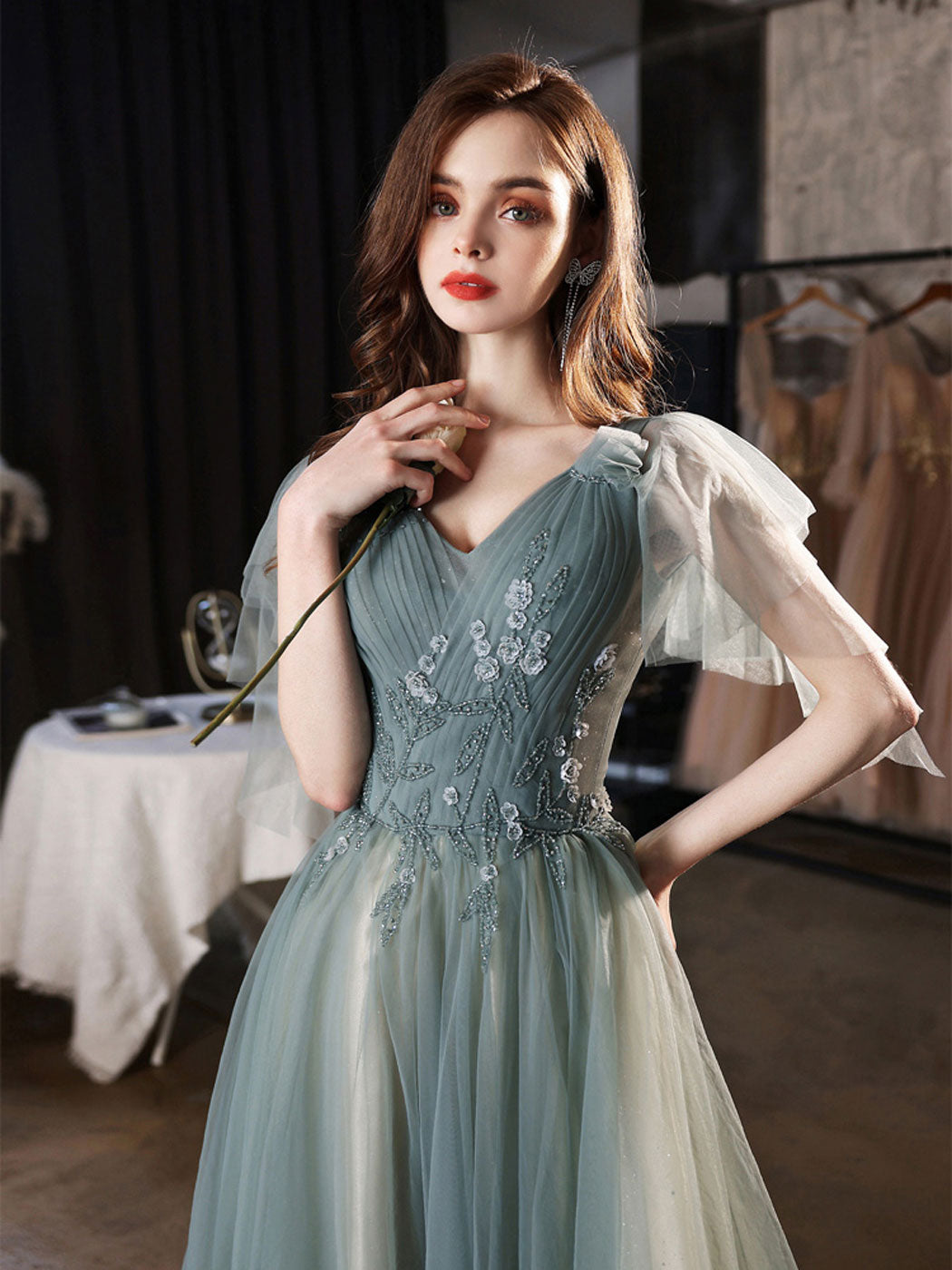 Green v neck tulle lace long prom dress green tulle formal dress