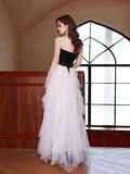 White A line tulle long prom dress , white tulle long evening dress