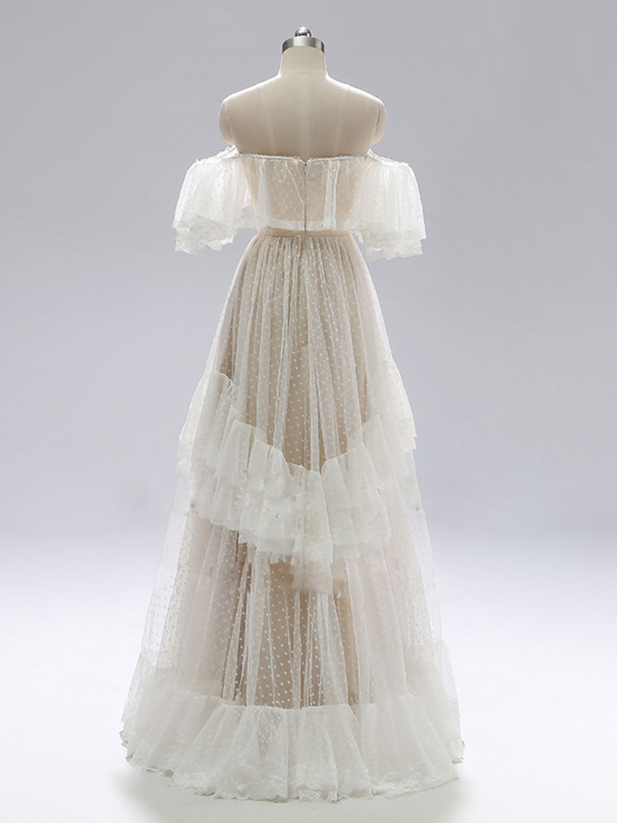 Champagne A line lace long prom dress, lace bridesmaid dress