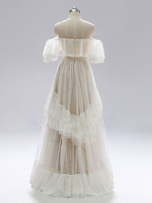 Champagne A line lace long prom dress, lace bridesmaid dress