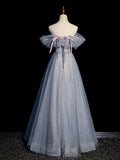 A line tulle gray blue long prom dress, gray formal dress