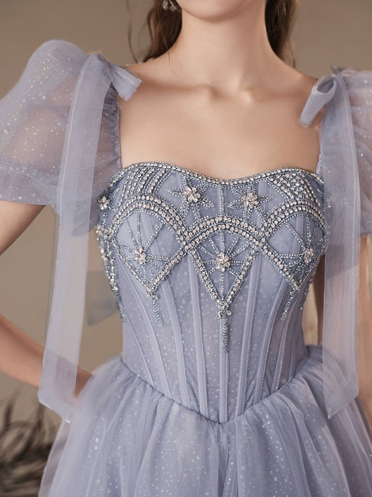 A-Line Sweetheart Neck Tulle Beads Blue Long Prom Dress, Blue Long Evening Dress