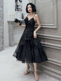 Simple v neck black tulle short prom dress, black party dress