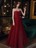 A line round neck tulle sequin long prom dress burgundy formal dress
