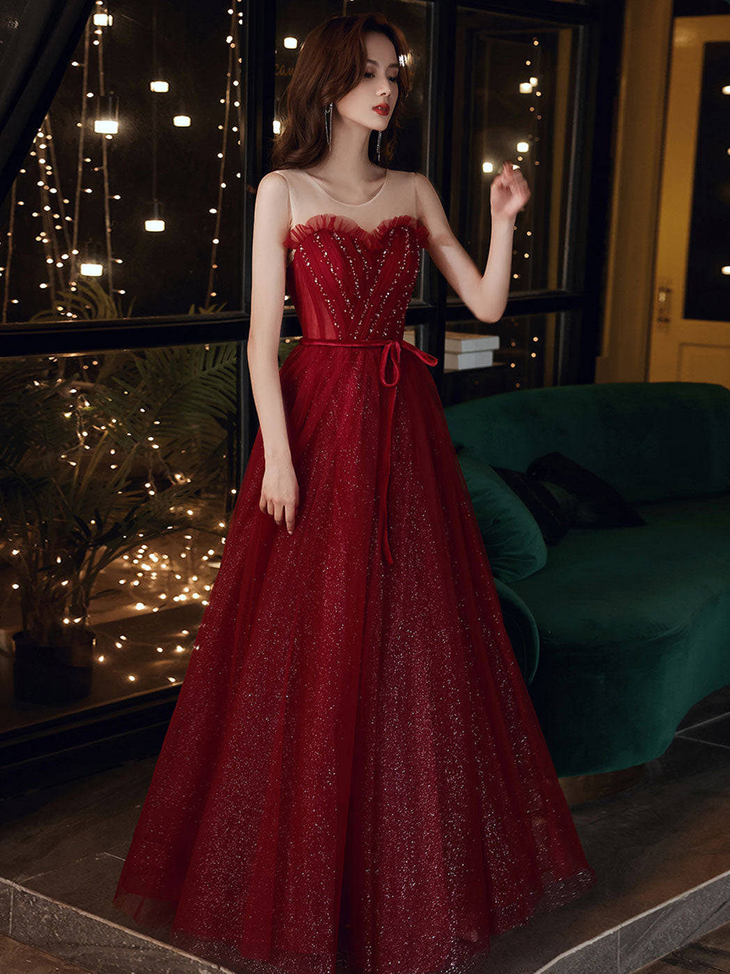 A line round neck tulle sequin long prom dress burgundy formal dress