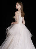 White Tulle Beads Long Prom Dress, White Tulle Long Formal Dresses