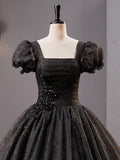 Black Square Neckline Tulle Long Prom Dress, Shiny Black Evening Dresses