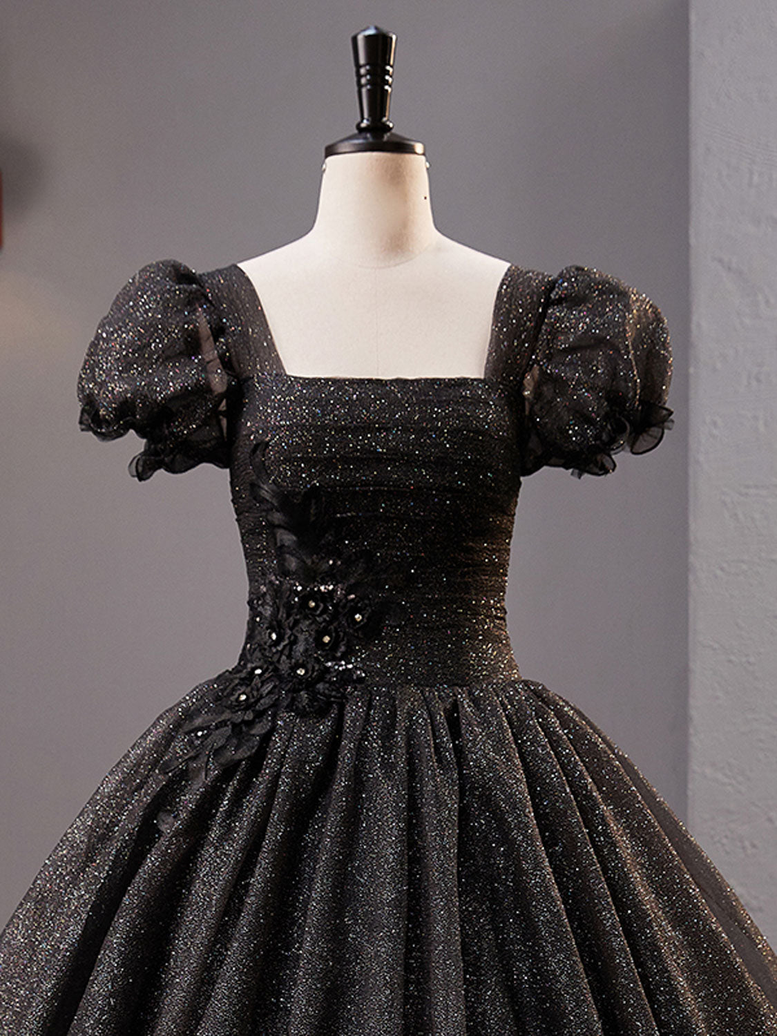 Black Square Neckline Tulle Long Prom Dress, Shiny Black Evening Dresses
