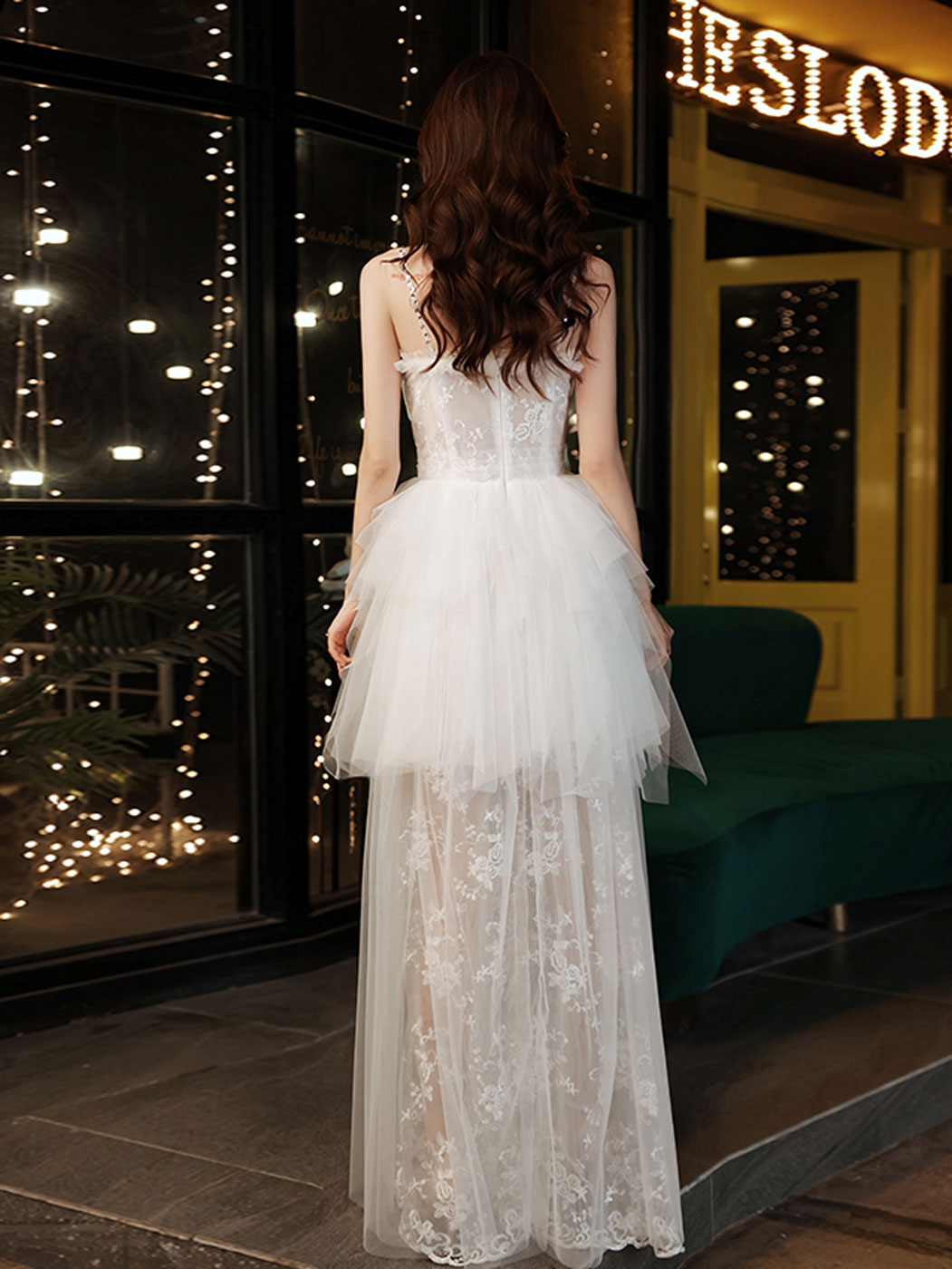 White sweetheart neck tulle lace long prom dress, white formal dress