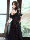 A Line Black Long Prom Dresses, Off Shoulder Tulle Long Evening Dress with Sequin Tulle