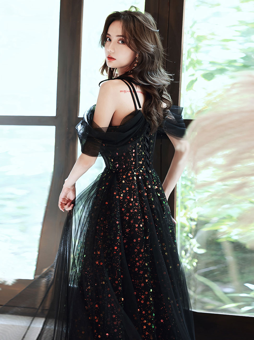 A Line Black Long Prom Dresses, Off Shoulder Tulle Long Evening Dress with Sequin Tulle