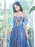 Blue A-Line Tulle Sequin Long Prom Dress, Blue Formal Evening Dress